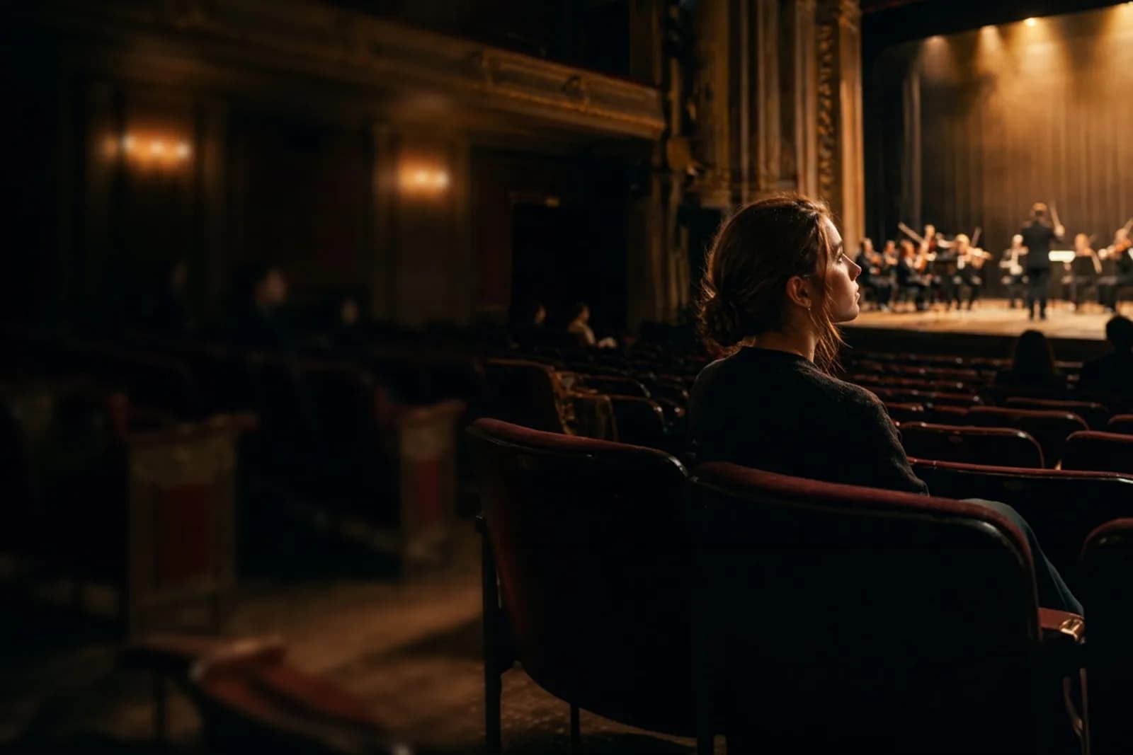 Student watching an orchestra perform in a concert hall