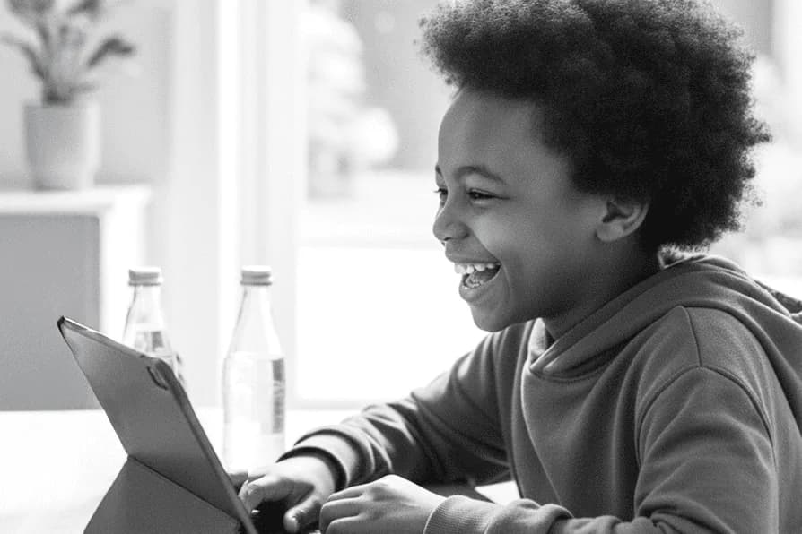 Student laughing while learning on a tablet at home