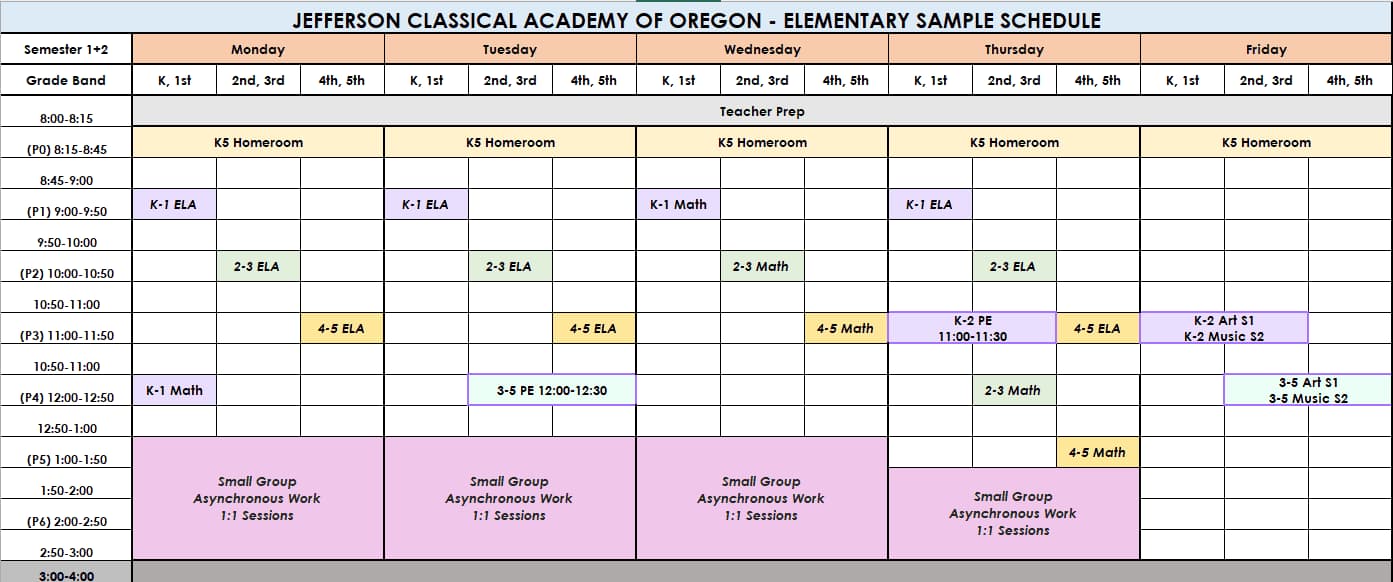 Jefferson Classical Academy of Oregon elementary sample schedule