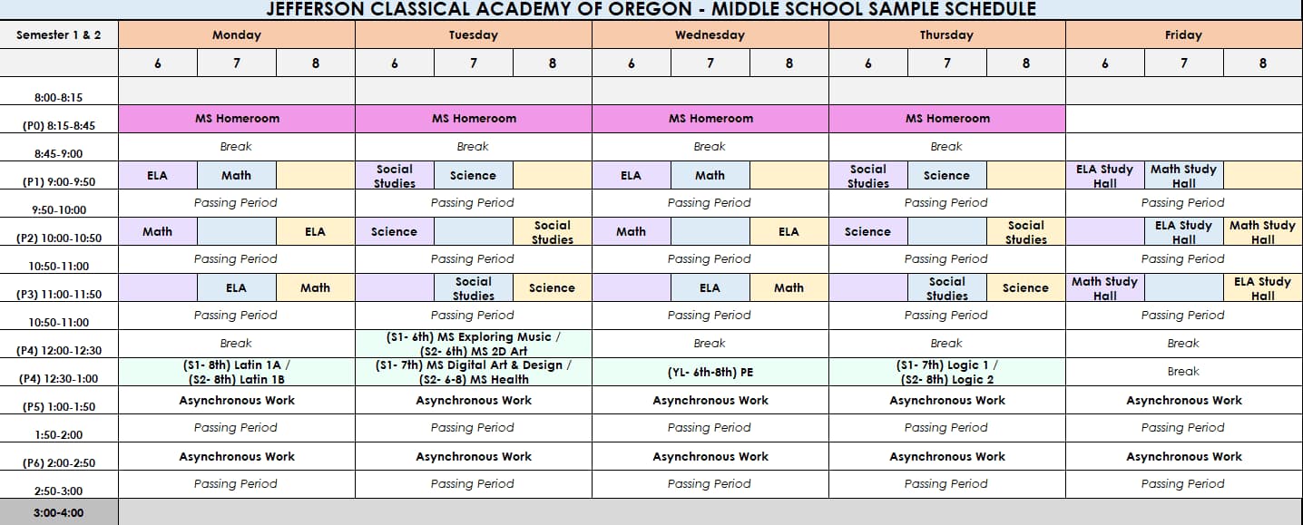 Jefferson Classical Academy of Oregon middle school sample schedule, Monday through Friday, for grades 6, 7 and 8