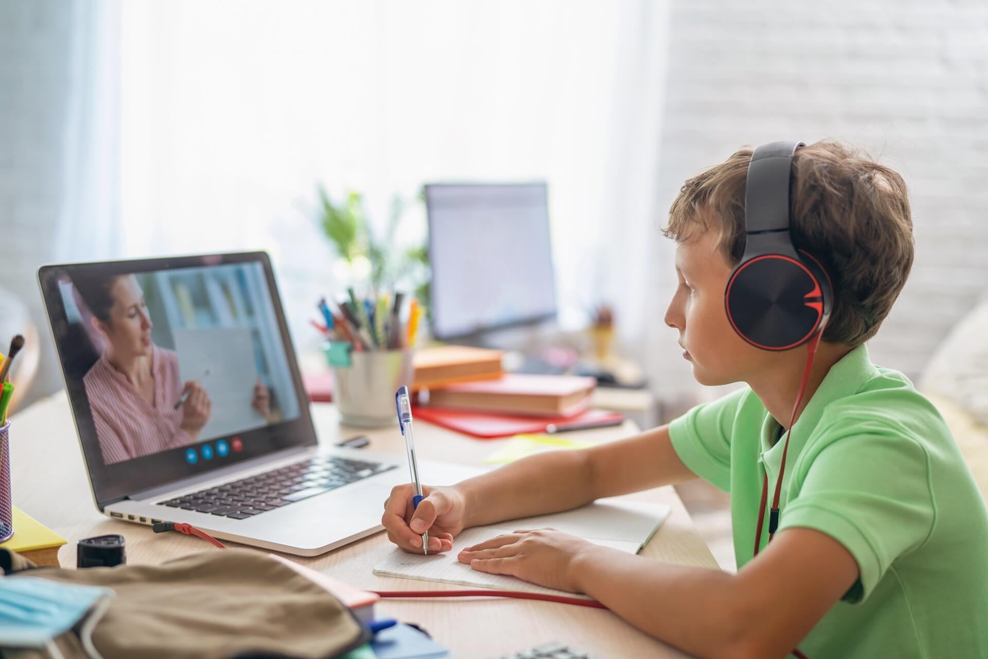 A boy taking part in an online literature class.